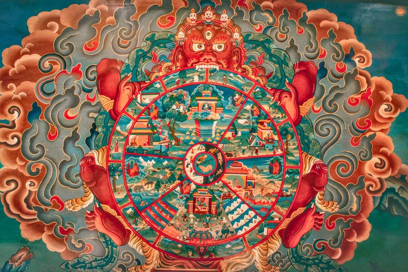 Bhāvacakra – or Wheel of Life – a symbolic representation of the cycle of existence in Buddhism, saṃsāra.
