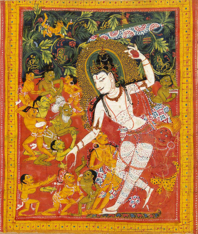 Depiction of a bodhisattva benefiting sentient beings, from a Sanskrit Aṣṭasāhasrikā Prajñāpāramitā Sūtra manuscript in Rañjanā script, India, early 12th century.