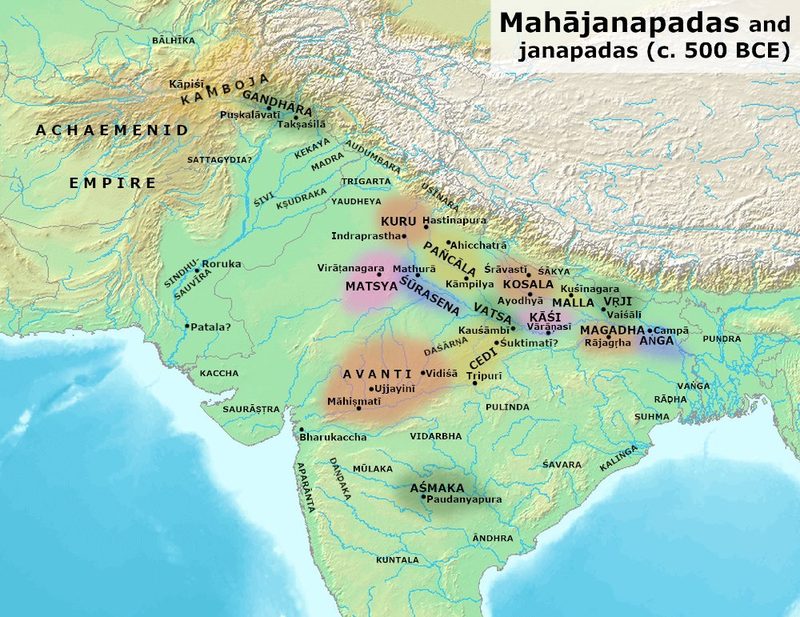 Kingdoms and cities of ancient Buddhism, with Gandhara located in the northwest of this region, during the time of the Buddha (c. 500 BCE).