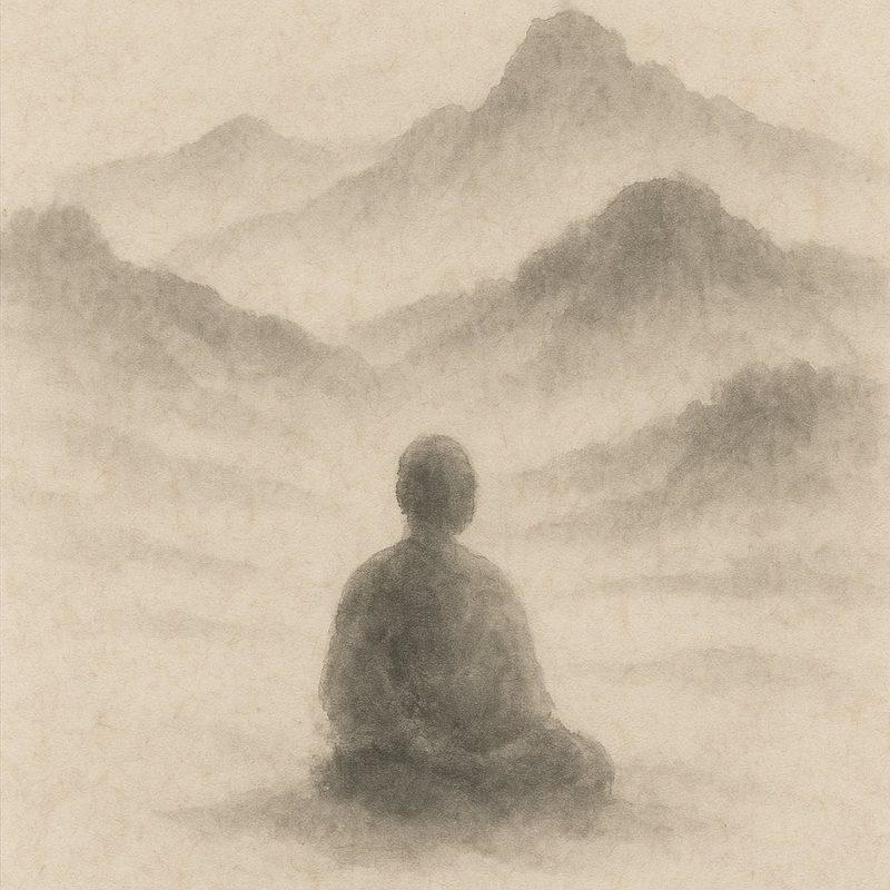 Zenga (Zen ink painting) evoking the mental qualities cultivated in Zen practice — serenity, focus, and non-attachment — symbolized by a lone figure amid a vast, layered mountain landscape.