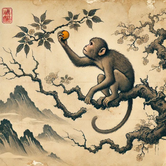 A monkey grasping at fruit — symbol of upādāna (clinging).
