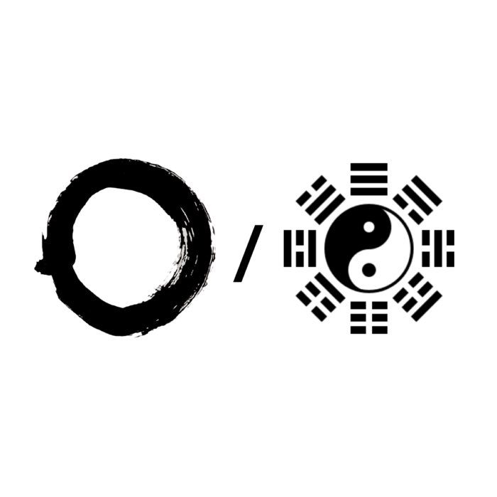 Zen Buddhist calligraphy of an ensō (left) and Daoist symbol of the Taijitu (right).