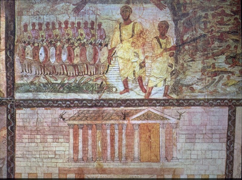 Dura-Europos synagogue, fresco showing Moses leading the Israelites across the Red Sea, a temple., ca. 244-245 CE.