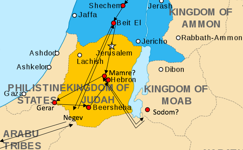 Narrated most important stations of Abraham, drawn on a map from the 9th century BCE.