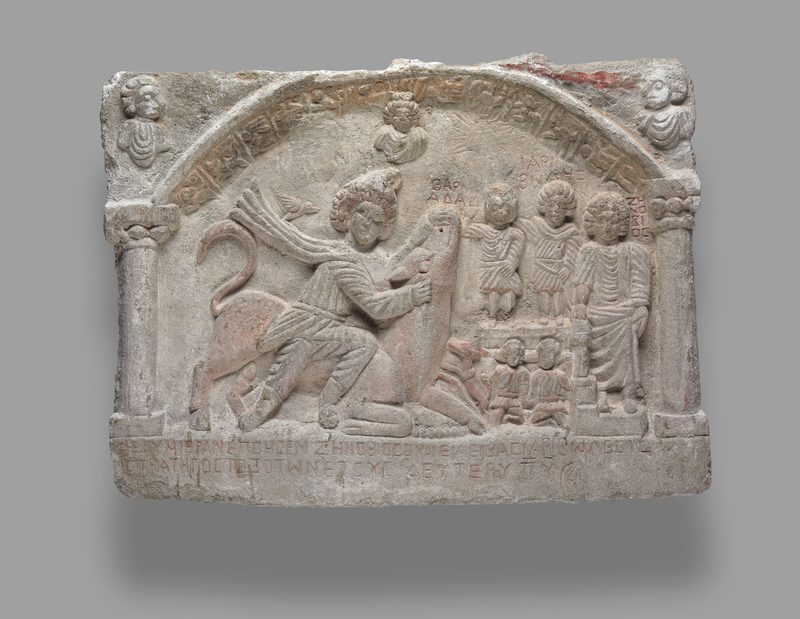 Relief from the Mithraeum (a temple dedicated to the god Mithras) in Dura-Europos. The relief depicts the god Mithras slaying a bull, a central motif in Mithraic iconography symbolizing creation and rebirth.