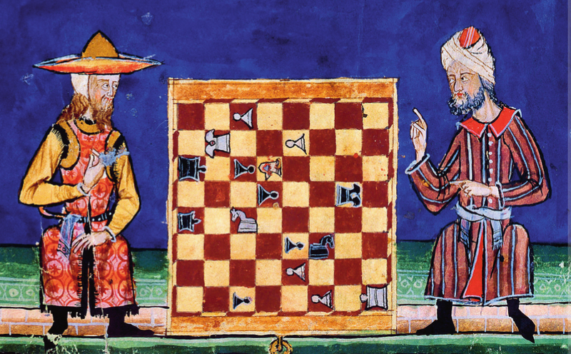 A Jew and a Muslim playing chess in 13th century al-Andalus in the Libro de los juegos.