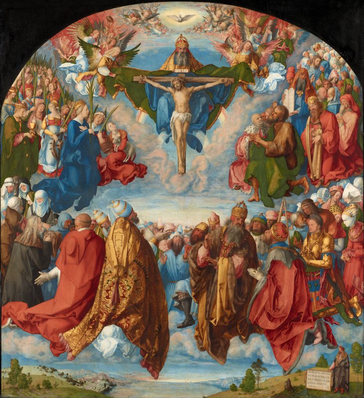 The Adoration of the Trinity, Albrecht Dürer, 1511. From top to bottom: Holy Spirit (dove), God the Father and Christ on the cross.