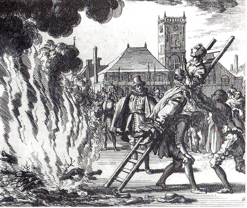 The burning of a 16th-century Dutch Anabaptist, Anneken Hendriks, who was charged with heresy, Jan Luyken, 1685.