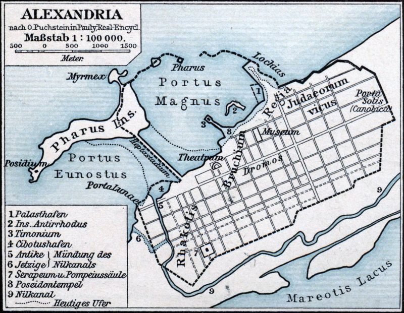 Map of ancient Alexandria, with the Serapeum located in the south (marked #7).