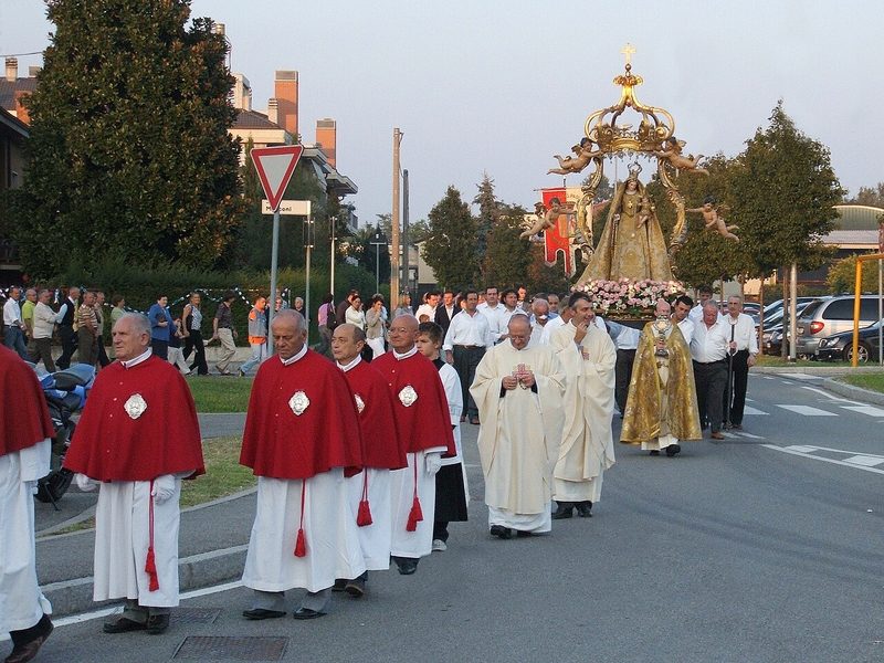 A Feast of Our Lady of the Rosary procession during October in Bergamo, Italy.
