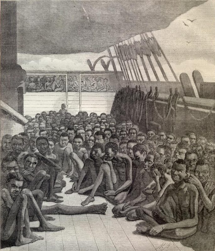 A wood engraving after a daguerreotype of slaves on the captured slave-ship, Wildfire, brought to Key West in 1860 from Harper's Weekly