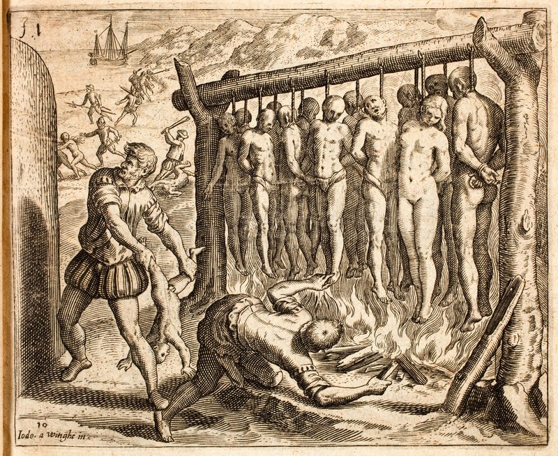 Another illustration of Spanish atrocities by Theodor de Bry, 1664, showing the hanging, burning and clubbing of Indians by Spanish soldiers.