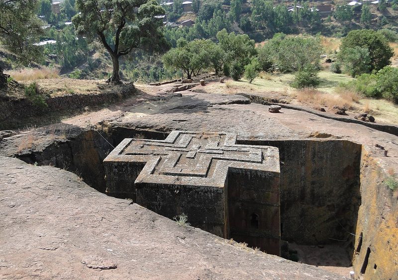 Betä Giyorgis (Church of St. George) from above, one of the rock-hewn churches of Lalibela.