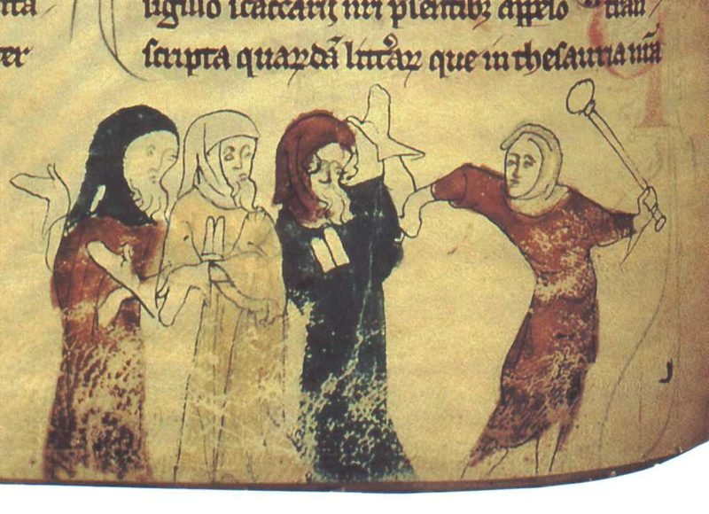 Miniature showing the expulsion of Jews following the Edict of Expulsion by Edward I of England (18 July 1290), Marginal Illustration from the Rochester Chronicle, 14th century.
