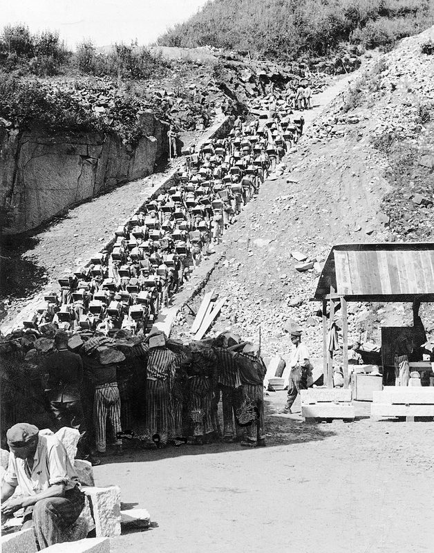 The Todesstiege ('Stairs of Death') at the Mauthausen concentration camp quarry in Upper Austria. Inmates were forced to carry heavy rocks up the stairs. In their severely weakened state, few prisoners could cope with this back-breaking labour for long.