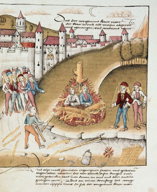 Two males, Richard Puller von Hohenburg and Anton Mätzler, accused of sodomy burned at the stake, Zurich 1482.