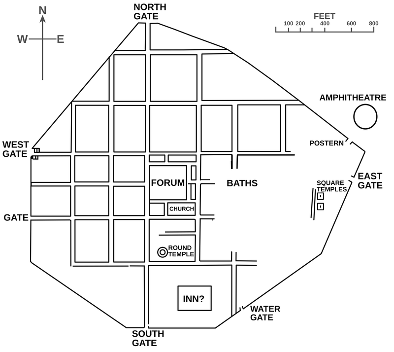A plan of Calleva Atrebatum, an Iron Age *oppidum* (fortified settlement) which was the capital of the Atrebates tribe in the Roman province of Britannia.