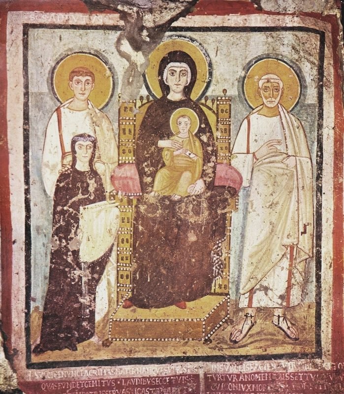 Fresco of the Madonna Nikopoia with Saints Felix and Adauctus and the donor Turtura, Catacombs of Commodilla, late 4th century.