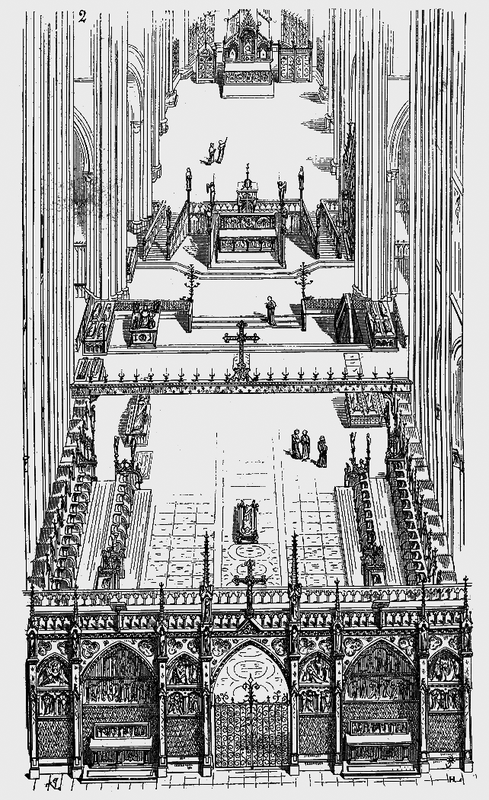Viollet-le-Duc choir of Saint Denis Abbey in Paris with rood screen, choir stalls and high altar