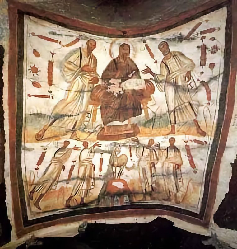 Bearded Jesus between Peter and Paul, Catacombs of Marcellinus and Peter, Rome. Second half of the 4th century.