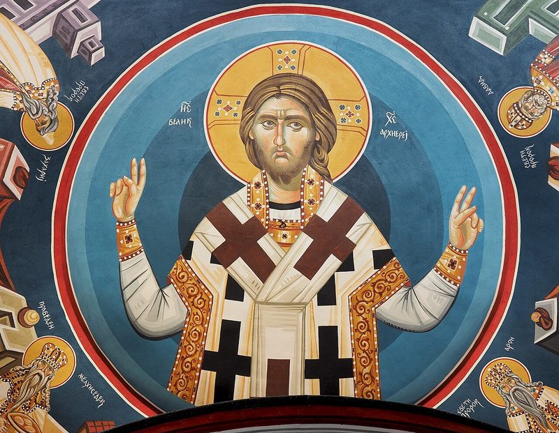 Roof fresco of Christ Pantocrator, Nativity of the Theotokos Church, Bitola, North Macedonia. The Pantocrator is a common iconographic depiction of Christ in Eastern Orthodox Christianity, emphasizing his role as the ruler of the universe.