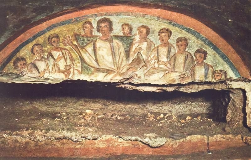 Jesus and apostles, one of the earliest depiction of the figure of Jesus. Painting in the Catacombs of Domitilla, Rome, from ca. 200 CE.