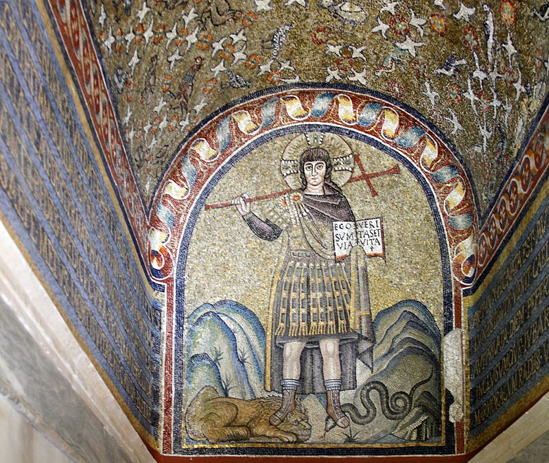 Mosaic in the Archbishop's chapel, Ravenna, 5th century. Christ is depicted trampling the beasts, symbolizing the victory of Christ over sin and death.