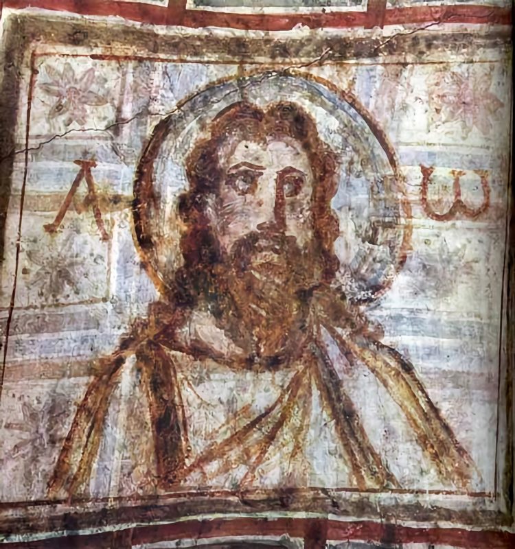 Wall painting of a bust of Christ from the Catacombs of Commodilla.