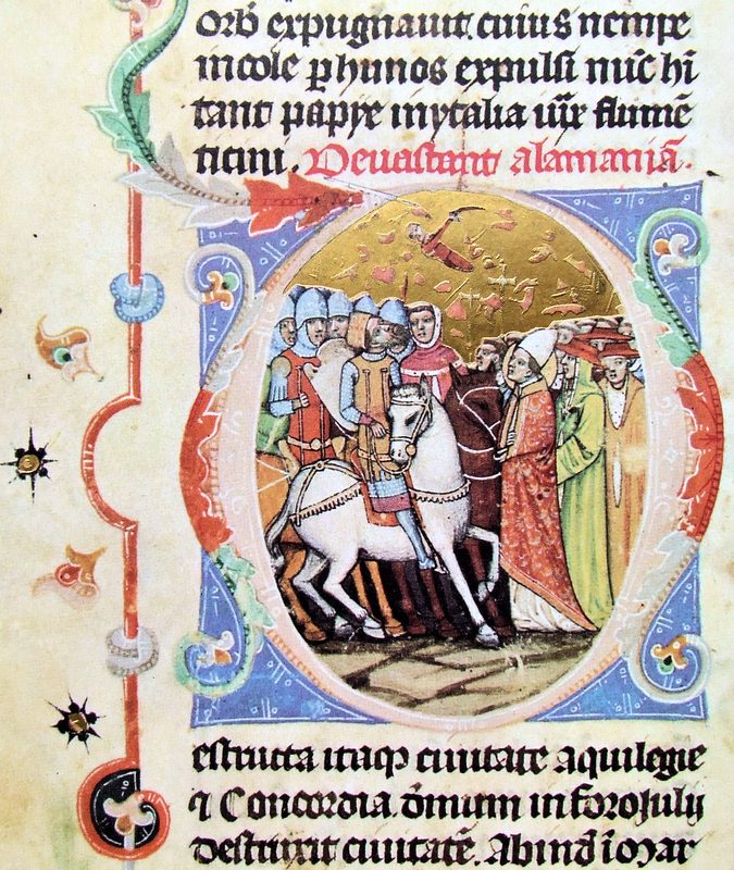 Leo I with Attila, from a book illumination, 14th century.