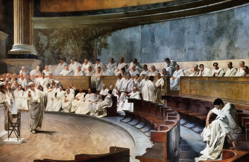 Cicero, author of the classic book The Laws, attacks Catiline for attempting a coup in the Roman Senate.