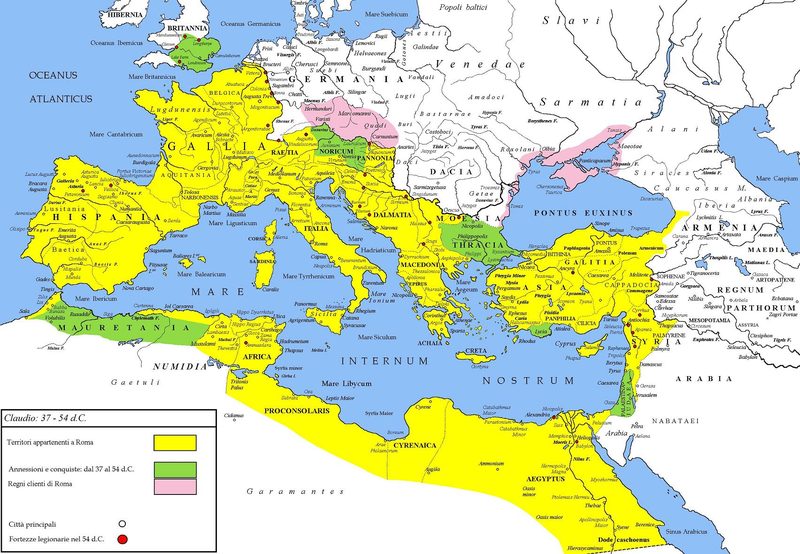 The Roman Empire during the reign of Claudius from 41 CE until his death in 54 C).