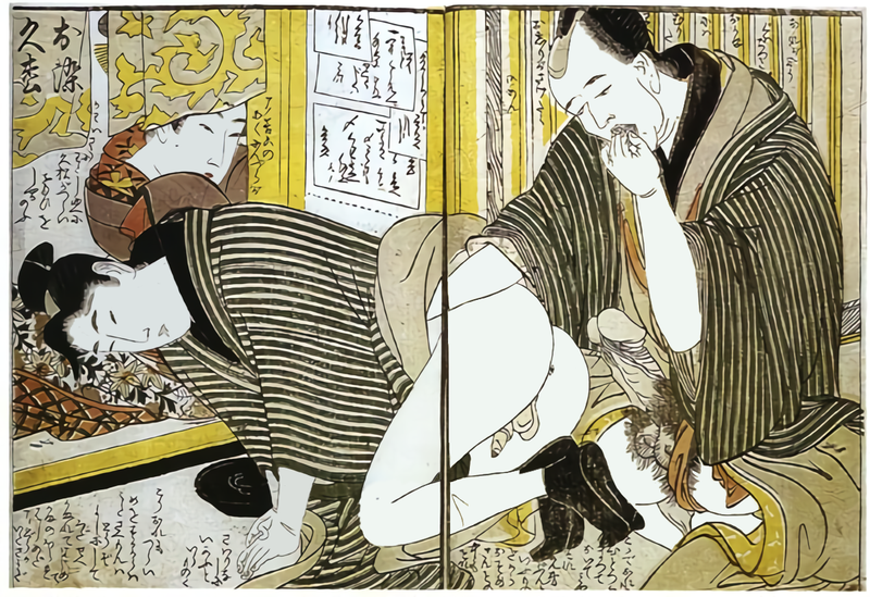 Kitagawa Utamaro, 'Client Lubricating a Prostitute' (while another peers through), late 18th-century print.
