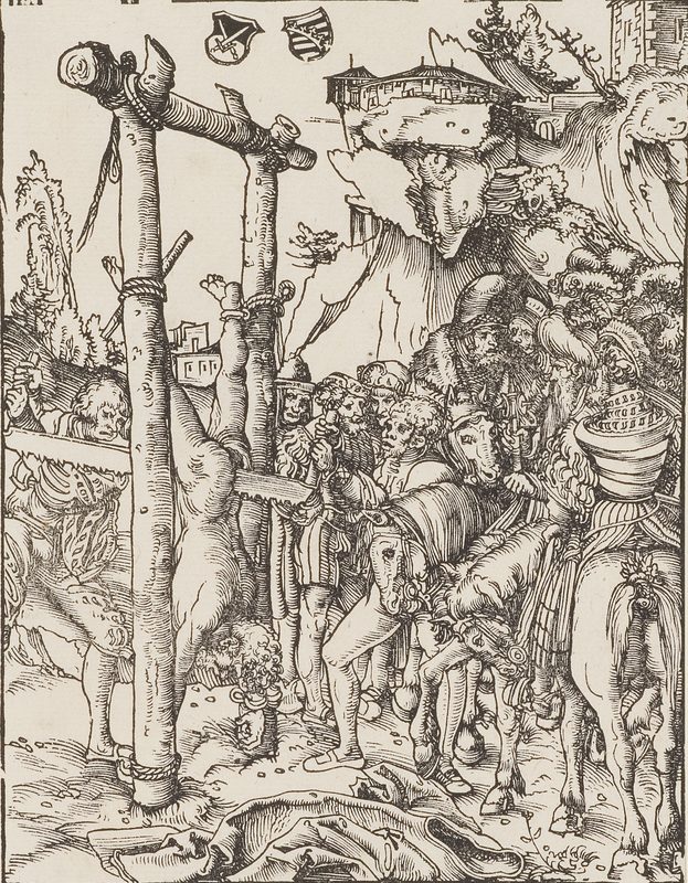 Illustration by Lucas Cranach the Elder, who produced many woodcuts for Luther's writings, showing St. Simon sawn in two, ca. 1512.