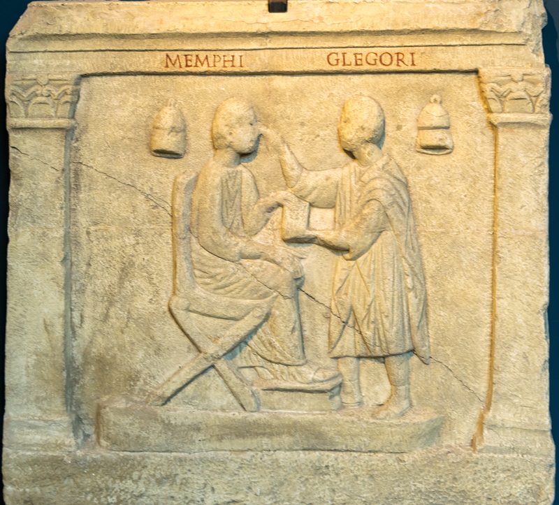 Relief from a sarcophagus depicting an oculist examining a patient (latter 3rd century CE).