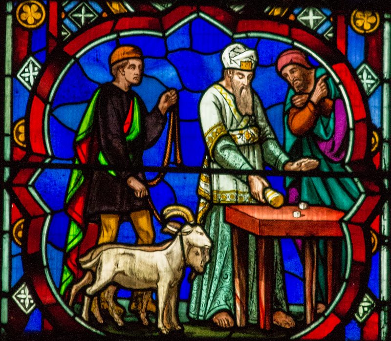Scapegoat ceremony depicted at Lincoln Cathedral in stained glass.