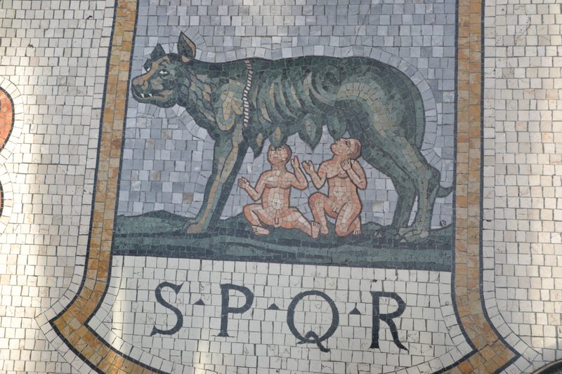 Floor mosaic detail, Coat of arms of Rome, Galleria Vittorio Emanuele II, Milan.