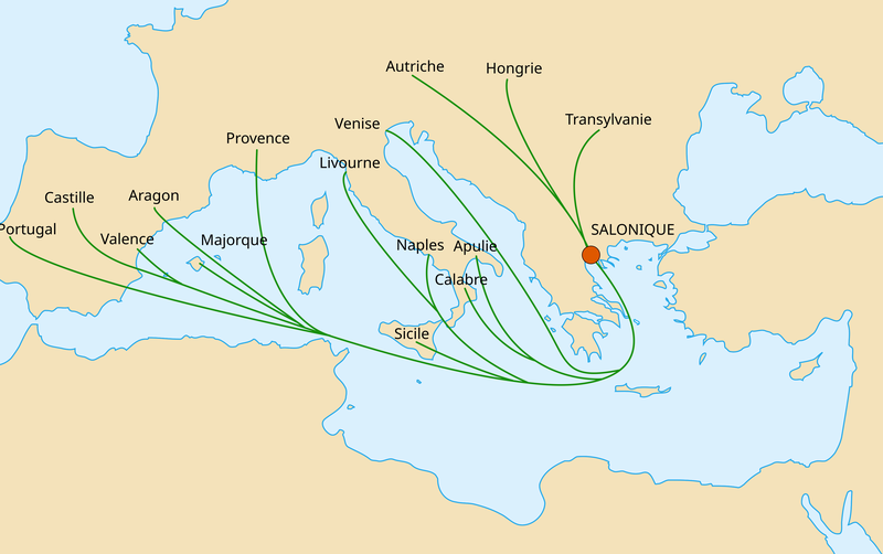 Paths of Jewish immigration to Salonika.
