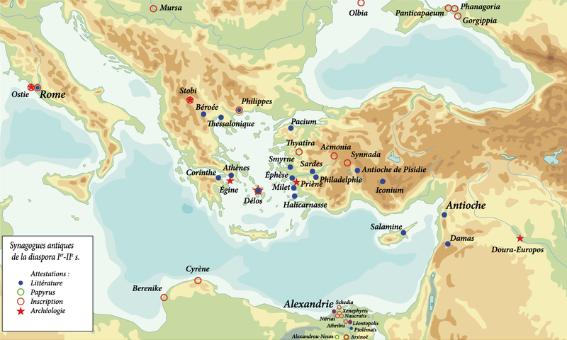 Map showing the location of other synagogues in the Jewish Diaspora during the first two centuries CE.