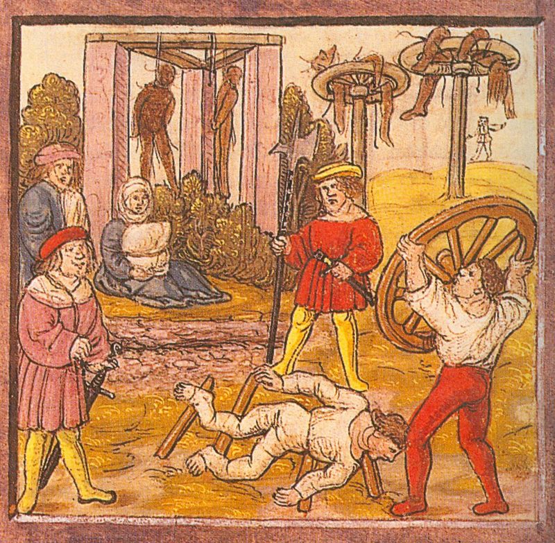 Illustration of execution by wheel, Switzerland, 1513. The victim's limbs were broken and was bound to the wheel, then left to die.