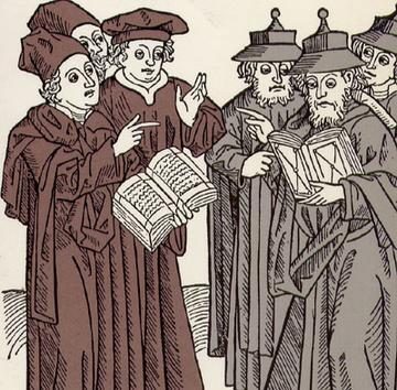 Woodcut carved by Johann von Armssheim (1483). Portrays a disputation between Christian and Jewish scholars.