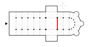 Position of the rood screen (red line) in the floor plan of a church