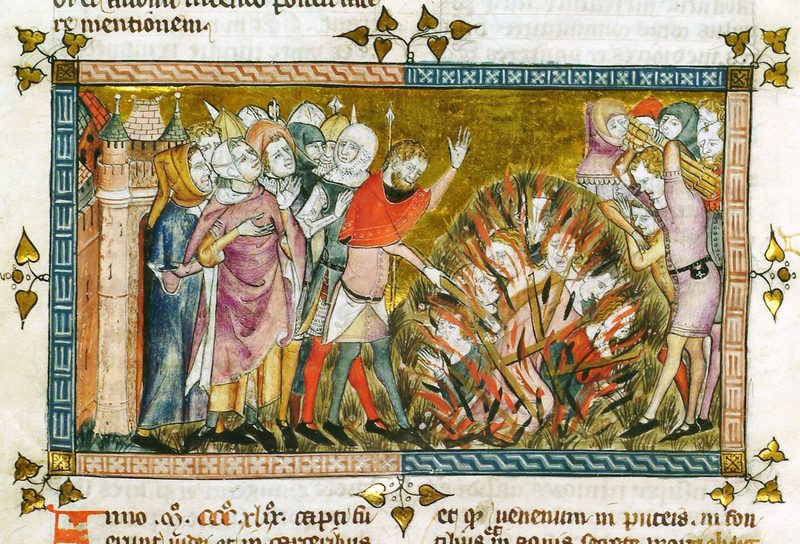 Burning of Jews during the plague pandemic in 1349, miniature by Pierart dou Tielt illustrating the Tractatus quartus by Gilles li Muisit, 1352.