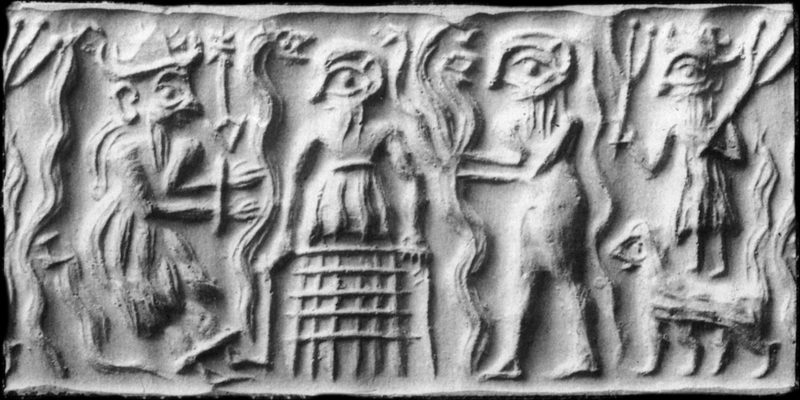 Ancient Sumerian cylinder seal impression showing the god Dumuzid being tortured in the Underworld by galla demons.