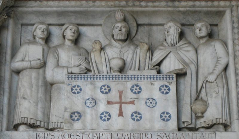 Façade of St. Martin's Cathedral in Lucca, Italy.