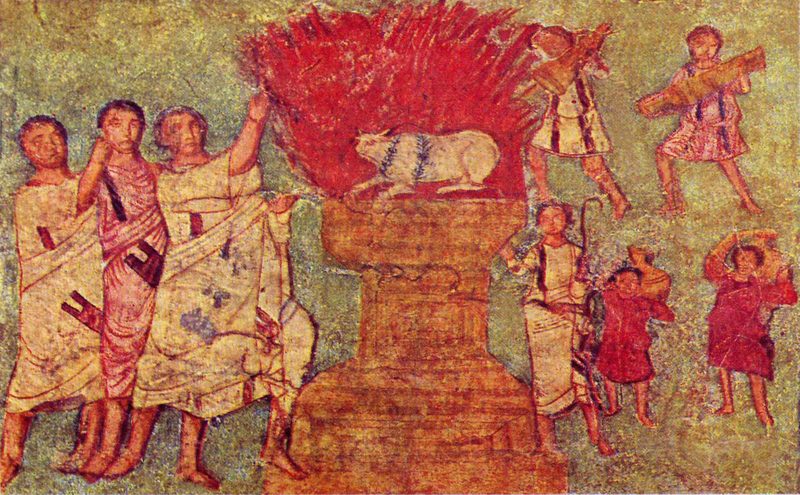 Men in togas and tunics witness the miracle performed by Elijah with the burning altar that been soaked with water, fresco from Dura-Europos synagogue.