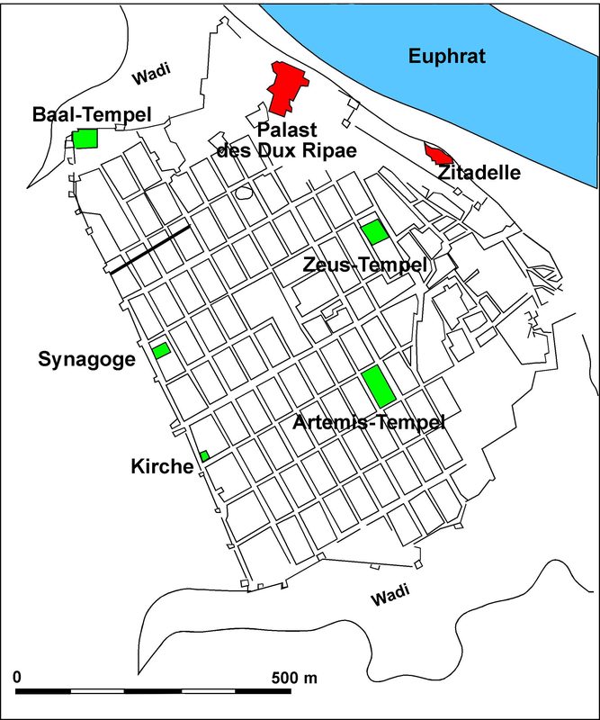 Dura-Europos in Roman times, with the synagogue, the house church, the Temple of Baal, the Temple of Zeus, the Temple of Artemis, the Palace of Dux Ripae, and the citadel marked.