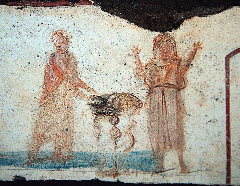 Painting of an Eucharistic scene in the Early-Christian catacomb of San Callisto, 3rd century CE.