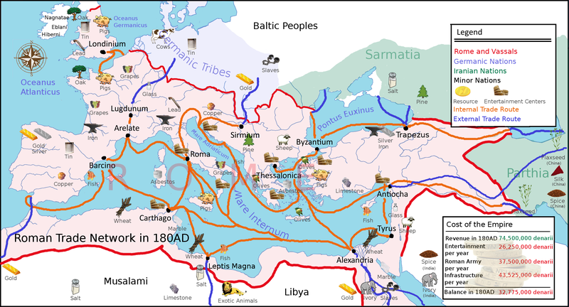 Principal Roman trade routes, internal and external in 180 CE.