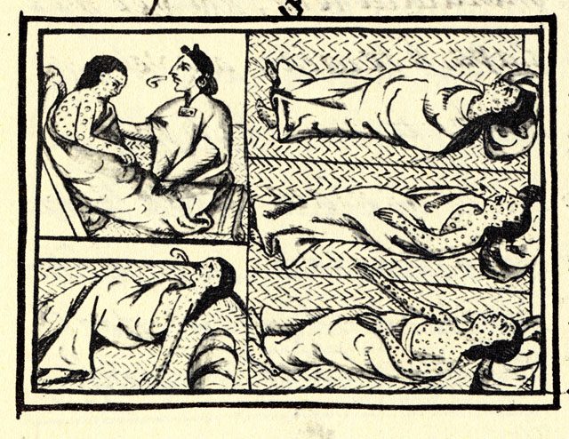 Drawing accompanying text in Book XII of the 16th-century Florentine Codex (compiled 1540–1585), showing a Nahua suffering from smallpox. The Nahua were one of the indigenous peoples of Mexico.