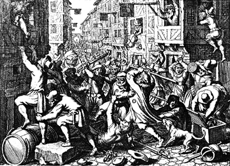 The looting of Frankfurt's Judengasse during the Fettmilch Uprising; engraving by Matthäus Merian from 1628.